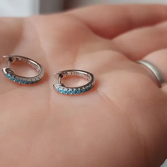 Platinum Plated 925 Sterling Silver Blue CZ Huggies Hoop Earrings - Picture 7 of 7